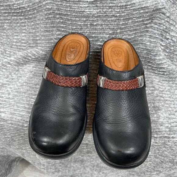 Ariat Shoes - Ariat Black Leather Brown Braided Accent Strap Western Clog Mules Size 7
